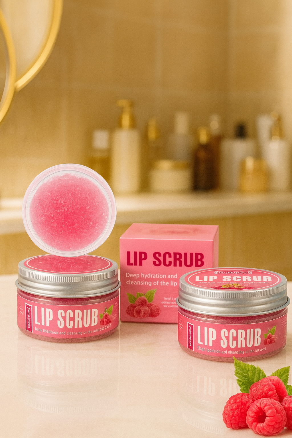 Lip scrub products on a bathroom counter with a mirror in the background.