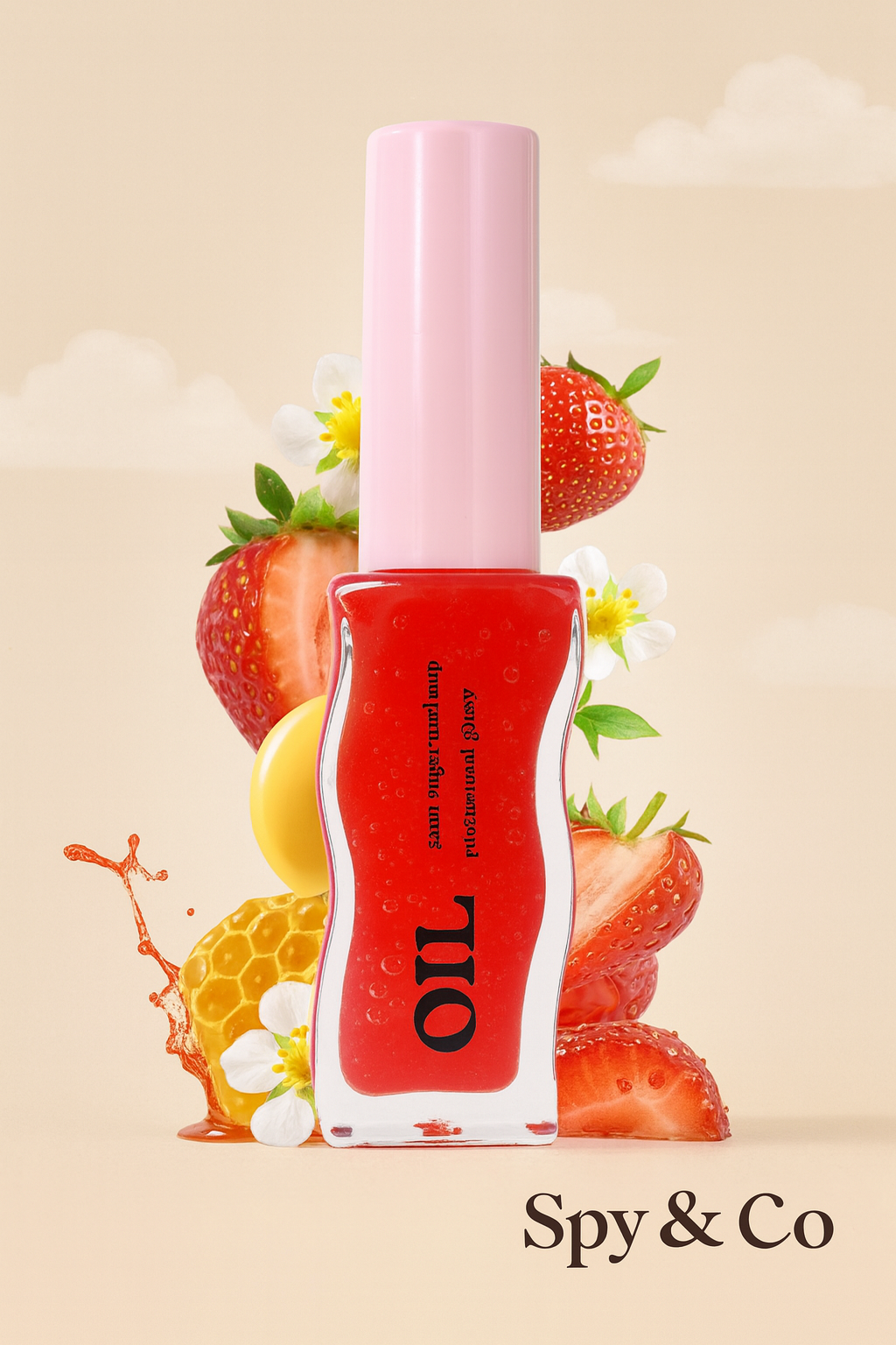 Red lip gloss with pink cap on a beige background with strawberries and honeycomb
