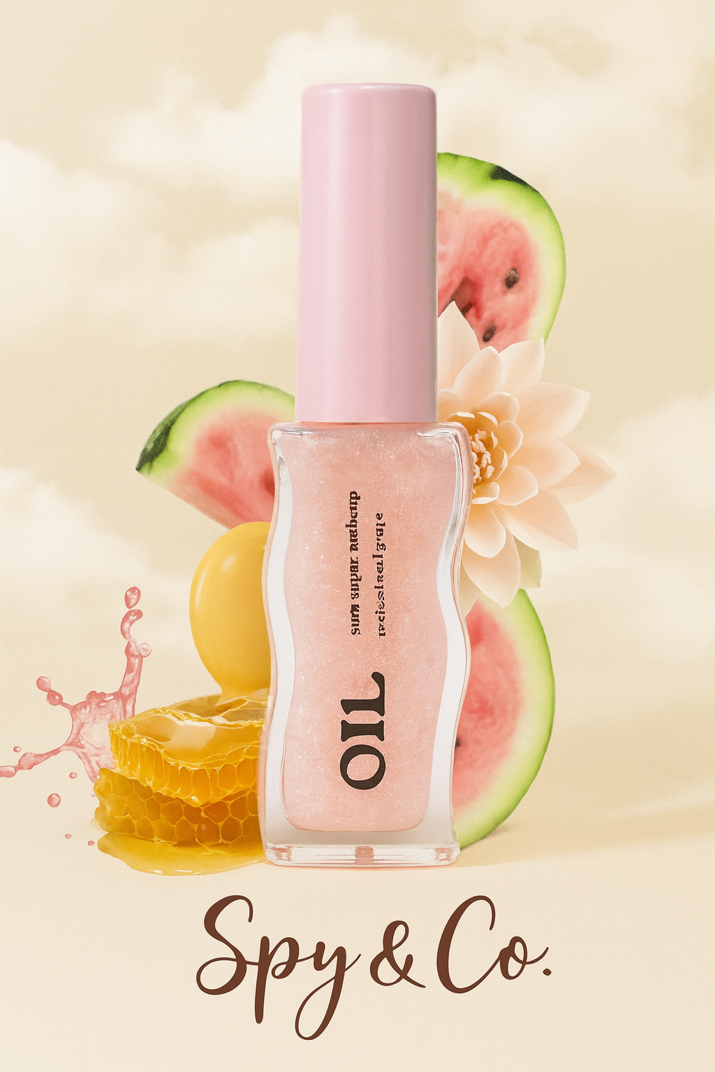 Bottle of oil with watermelon slices and flowers on a light background, featuring the brand 'Spy & Co'.