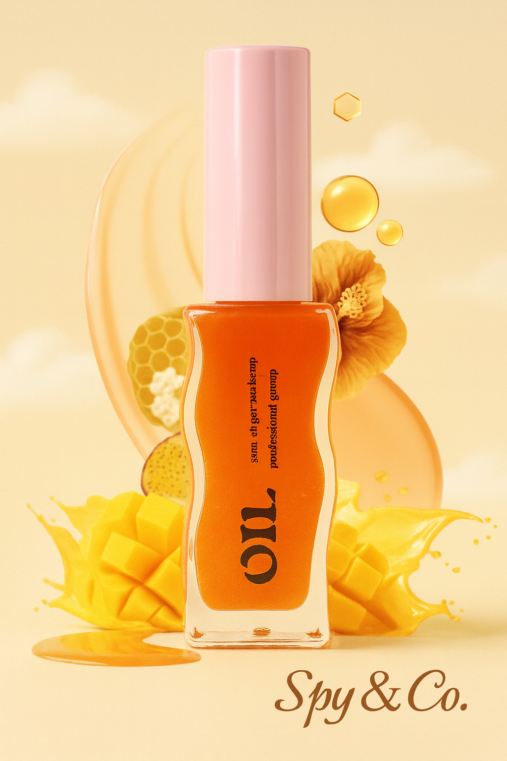 Orange nail polish bottle with pink cap on a yellow background, featuring 'Spy & Co.' brand.
