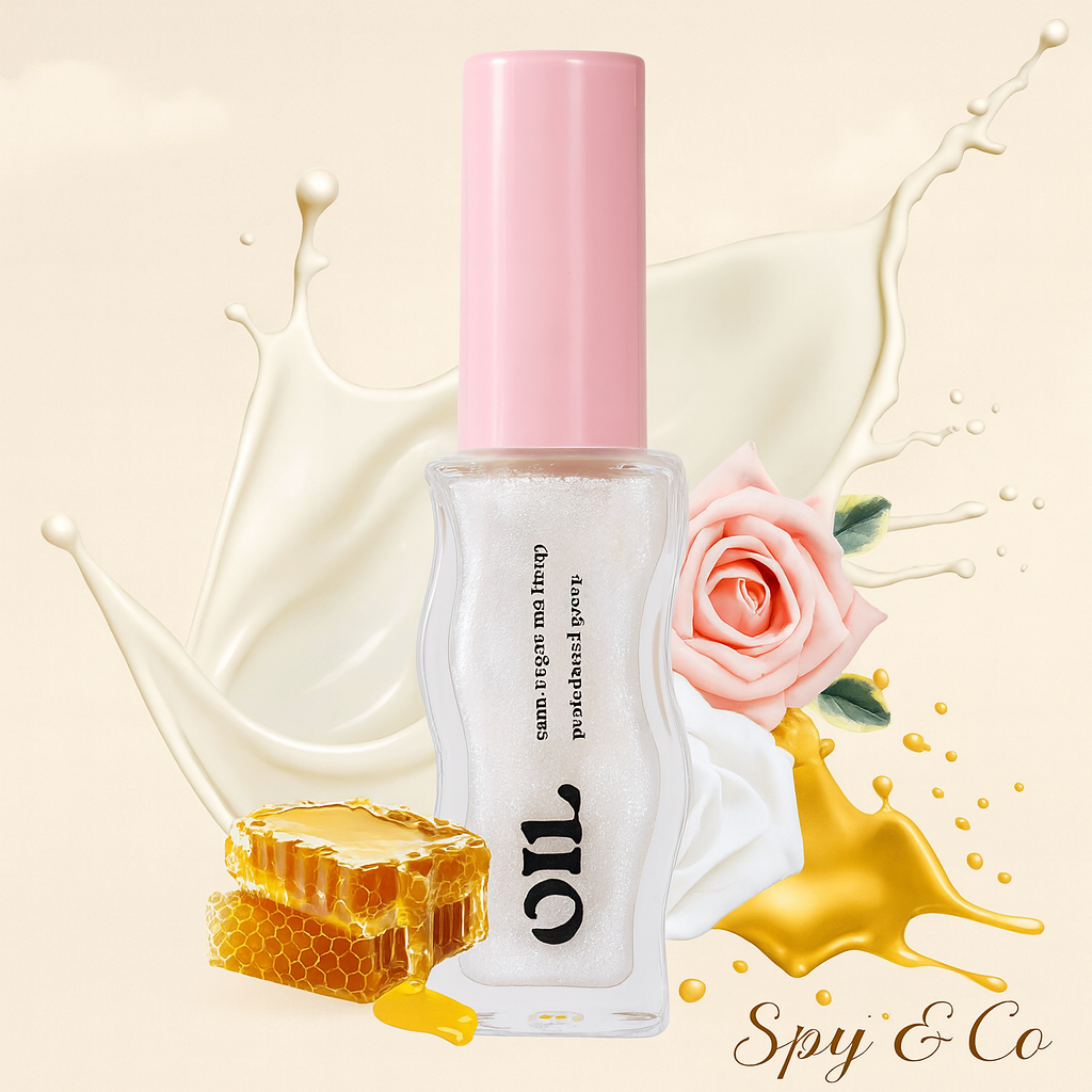 Bottle of 'Spy & Co' product with pink cap, honeycomb, and rose on a beige background
