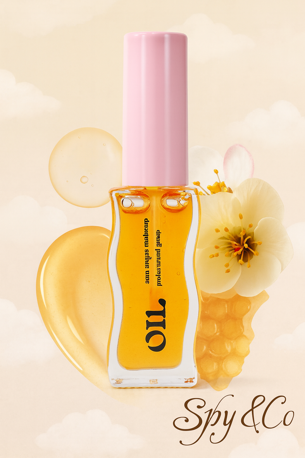 Orange nail polish bottle with pink cap on a beige background, featuring the brand 'Spy & Co'.