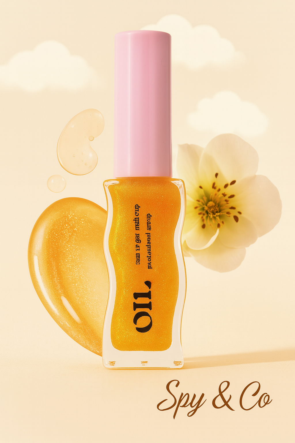 Orange lip gloss with pink cap on a beige background with a flower