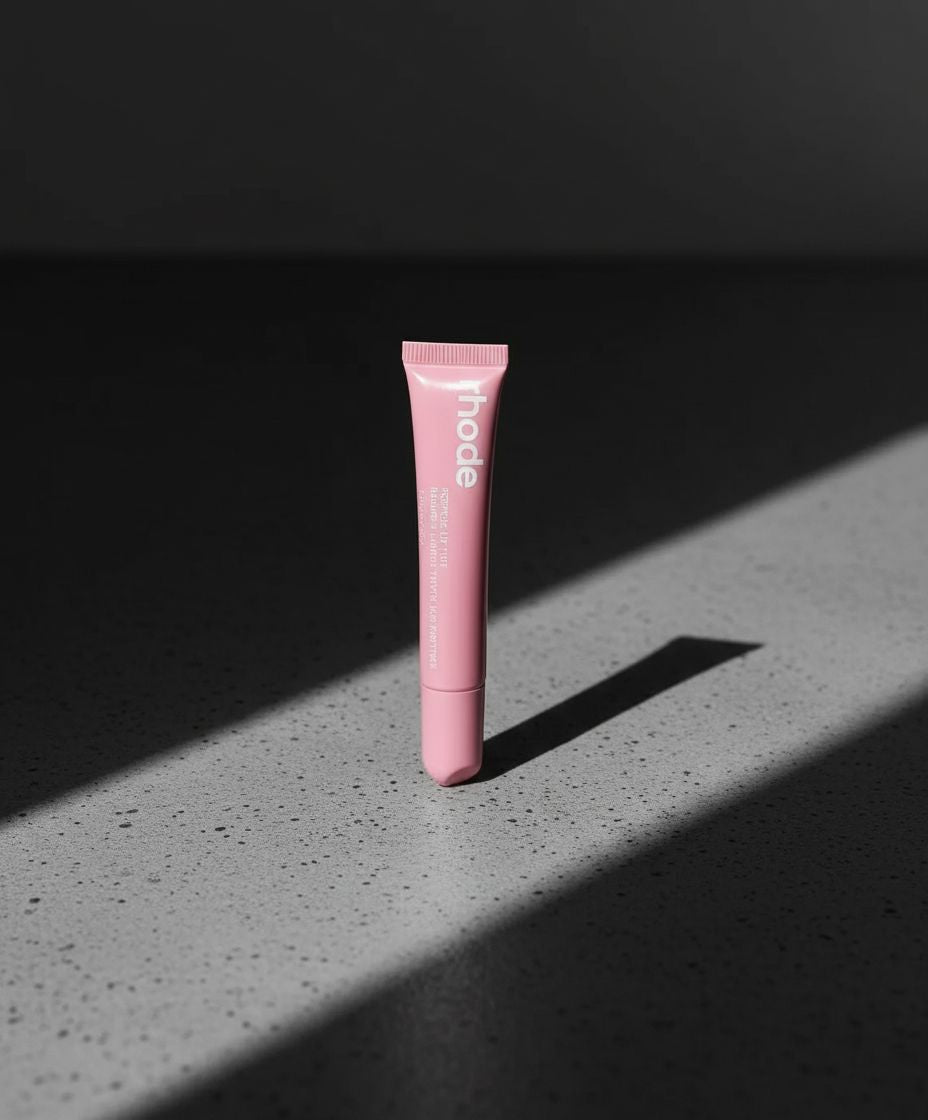 Pink skincare serum tube on a dark surface with a black background