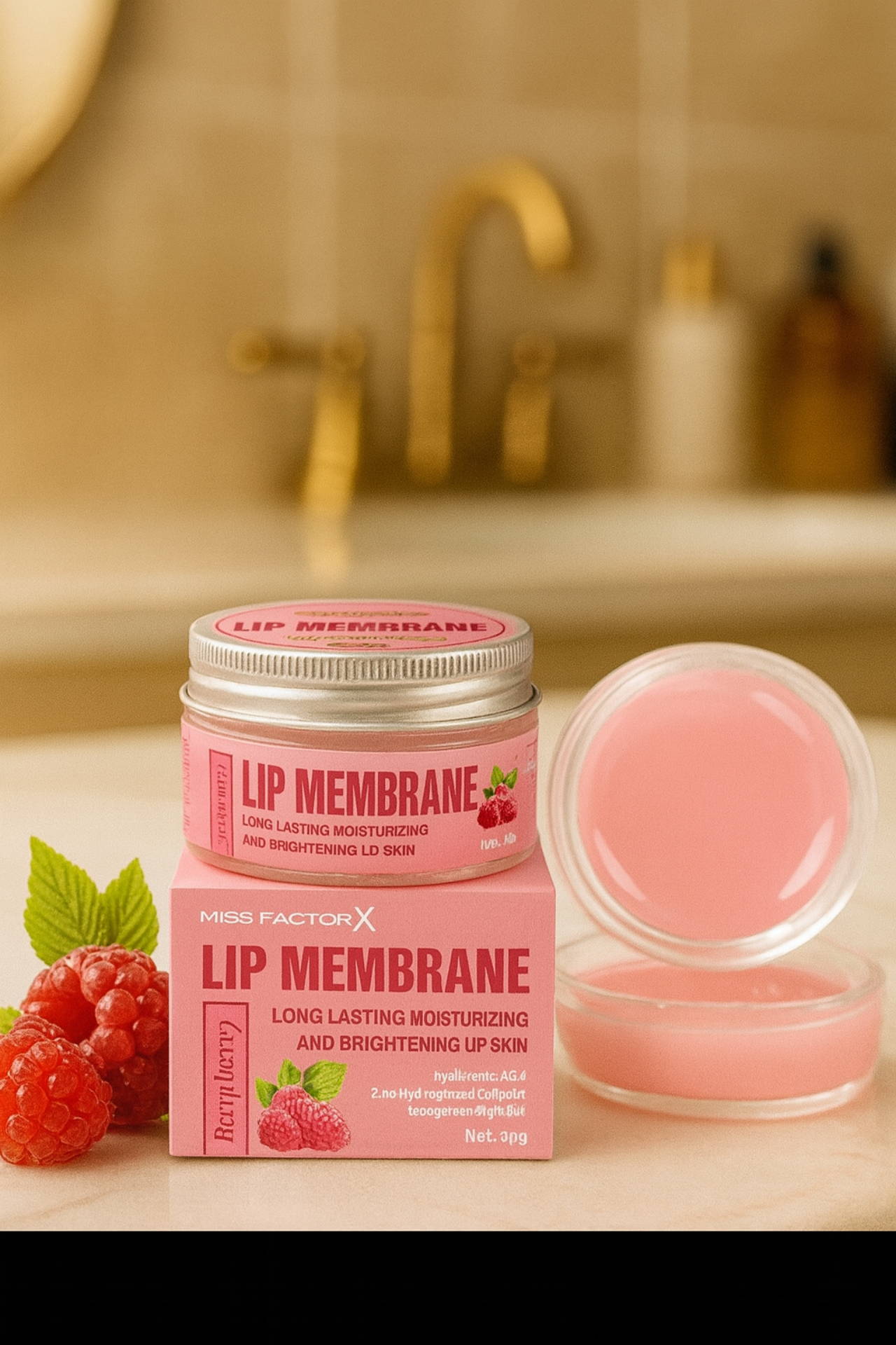 Lip membrane product with packaging on a bathroom counter
