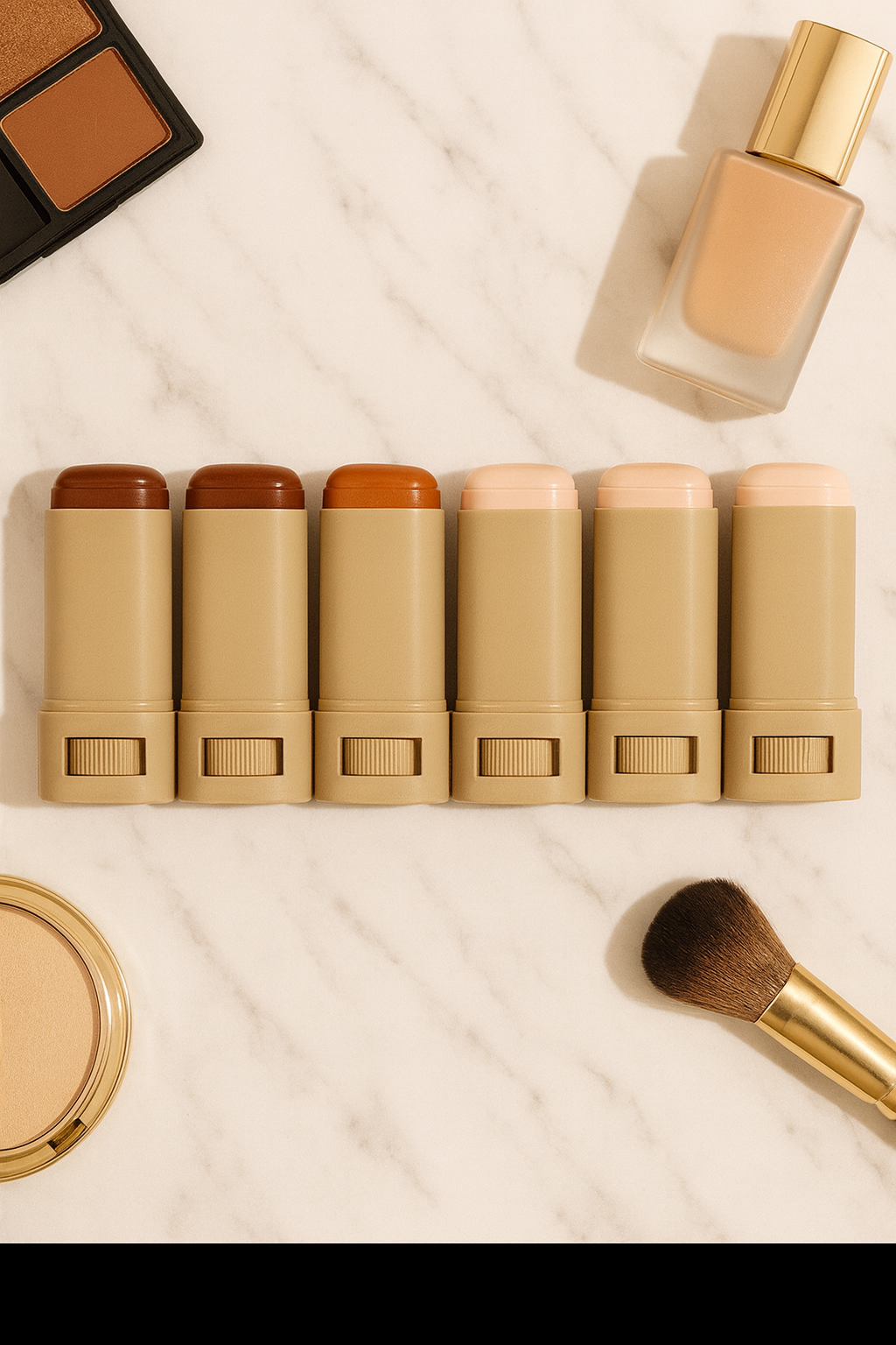 Makeup products including sticks, a brush, and a bottle on a light background