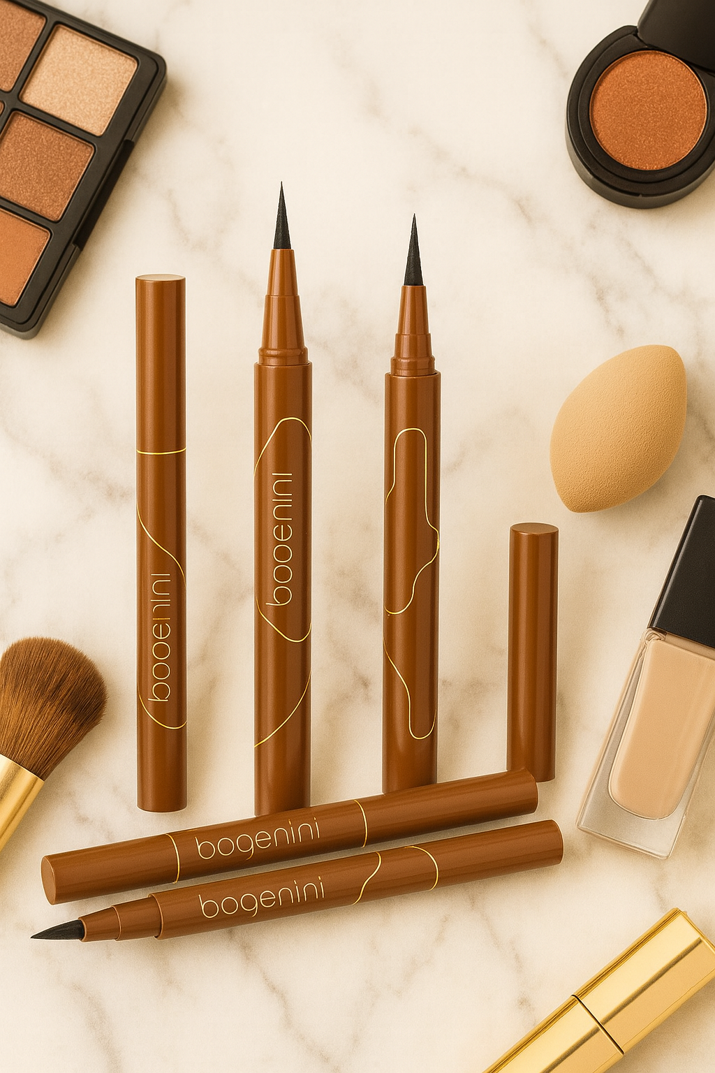 Makeup products including pens, a brush, and a compact on a marble surface with 'bogenini' branding.