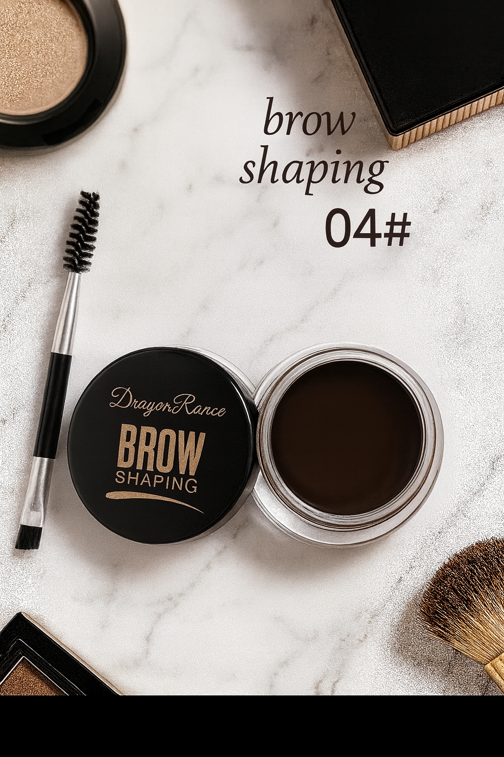 Brow shaping product with brush on a marble surface, featuring 'DragonRune' brand.