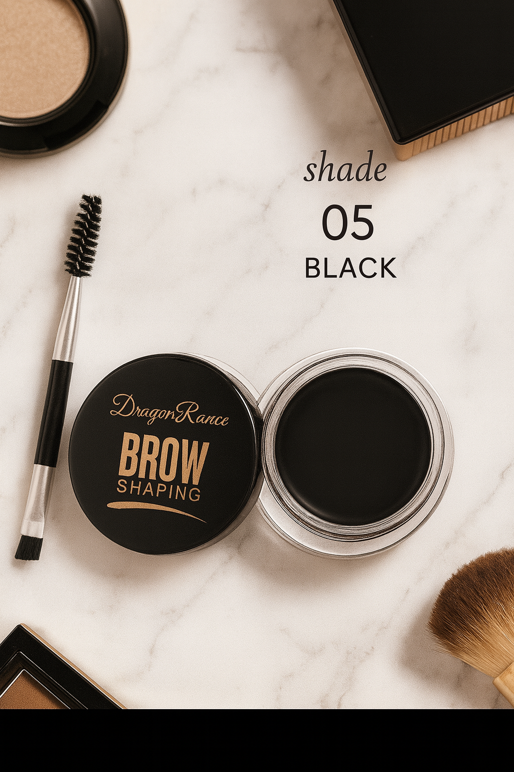 Brow shaping product with brush and container on a marble surface, labeled 'shade 05 Black'.