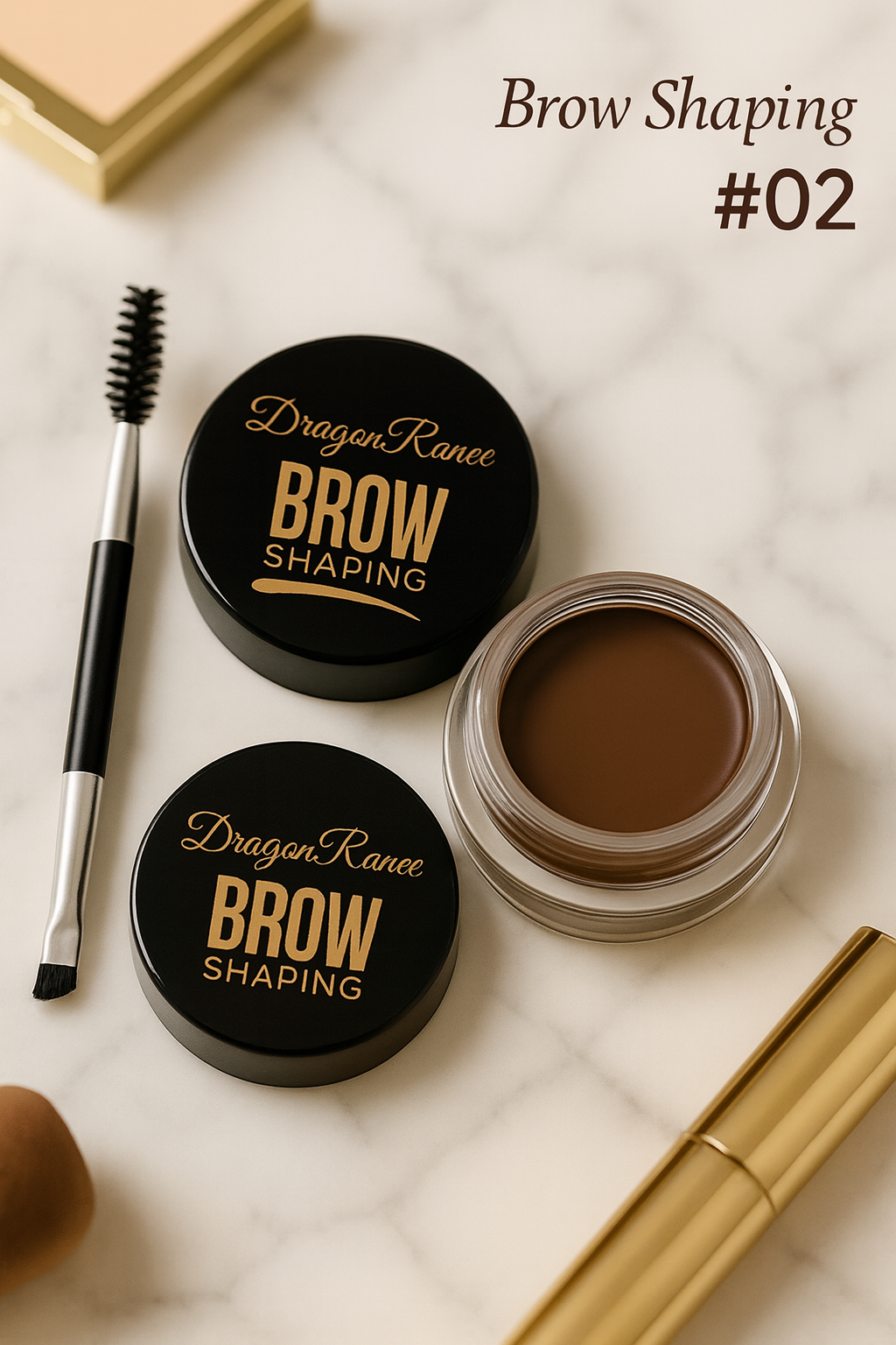 Dragon Ranee brow shaping product with brush and container on a marble surface