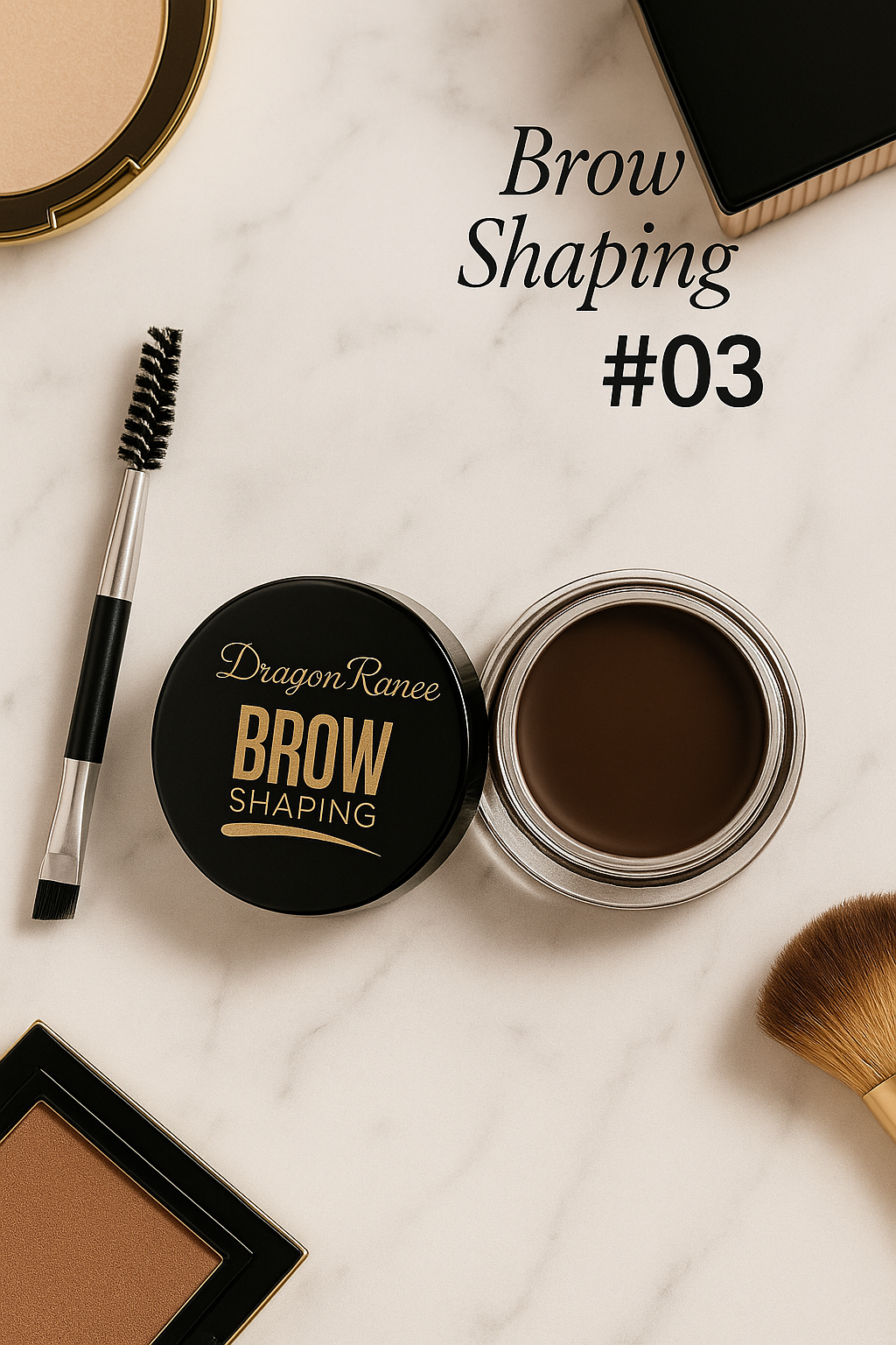 Brow shaping products including a jar, brush, and compact on a marble surface