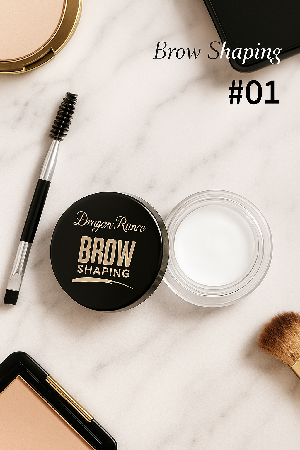 Brow shaping products including a jar, brush, and compact on a marble surface