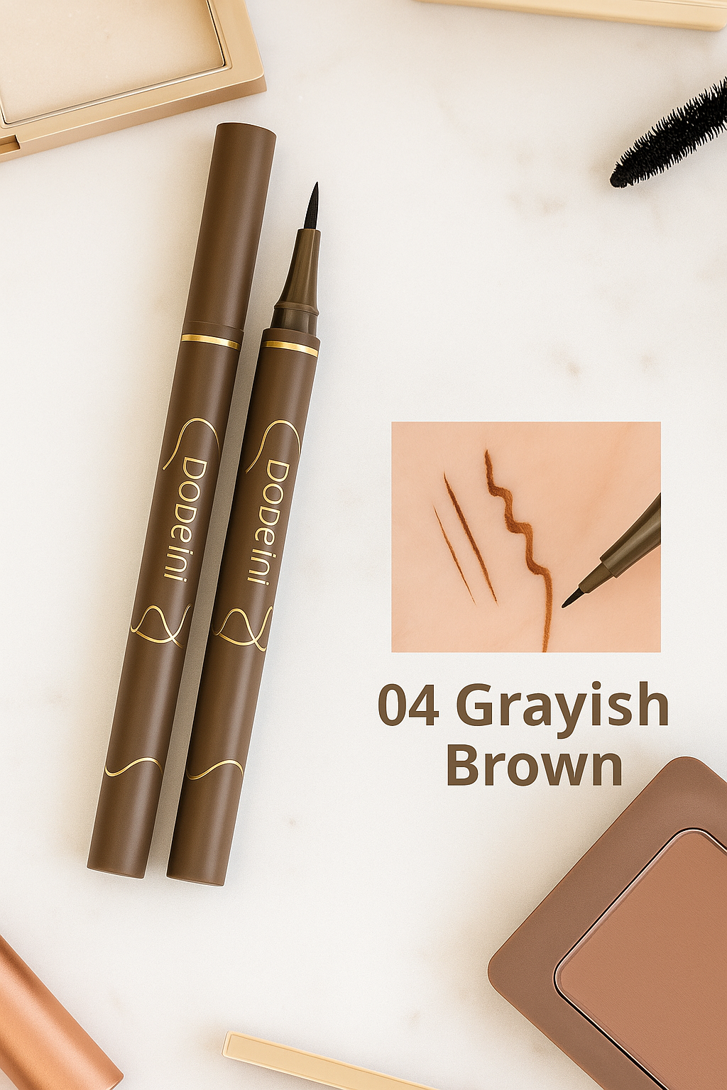 Two brown makeup pens with a color swatch labeled '04 Grayish Brown' on a light background.