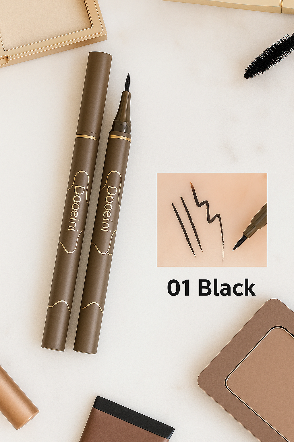 Makeup products including pens, a brush, and a compact on a marble surface with 'bogenini' 