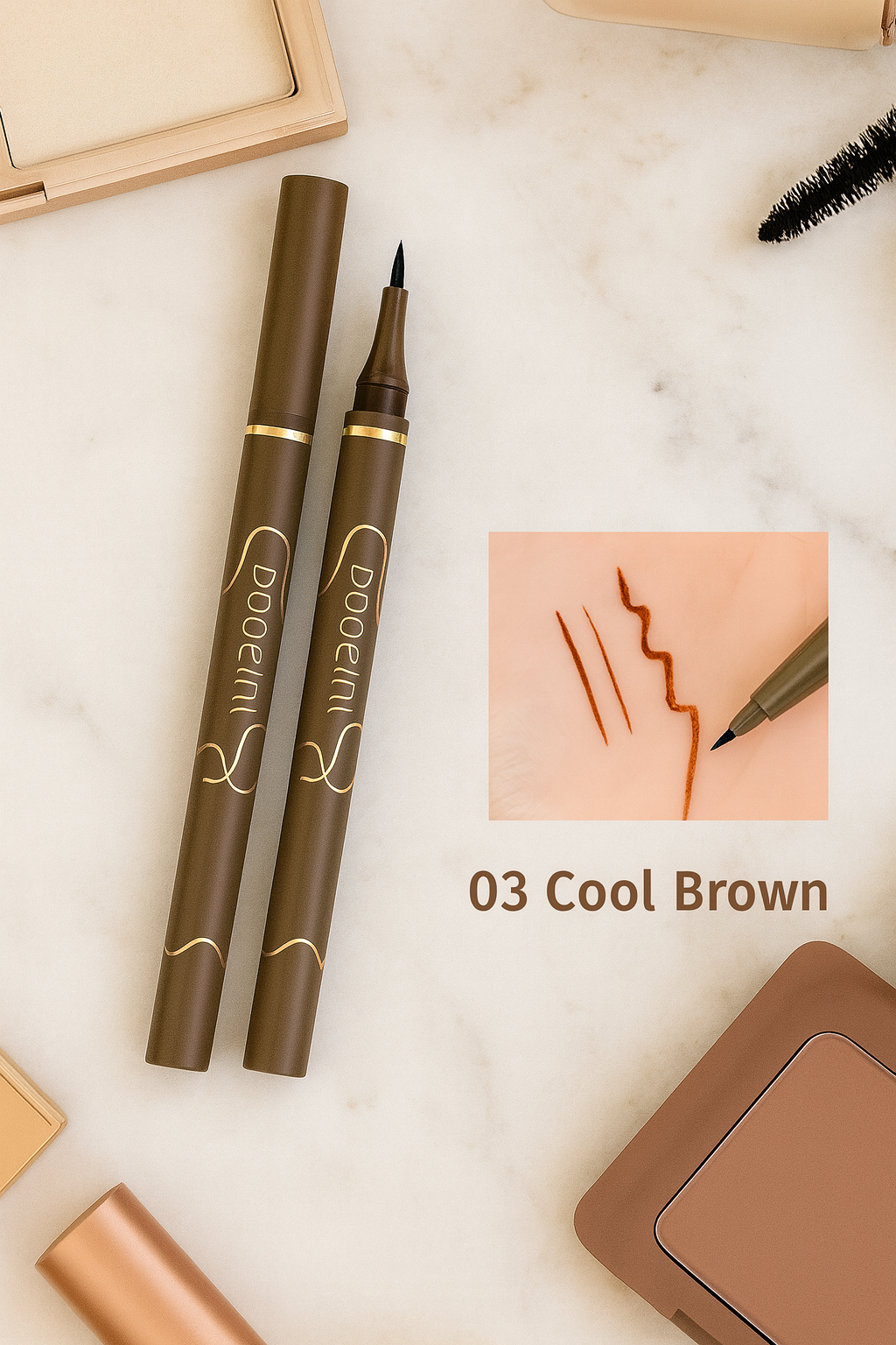 Makeup products including pens, a brush, and a compact on a marble surface with 'bogenini' 