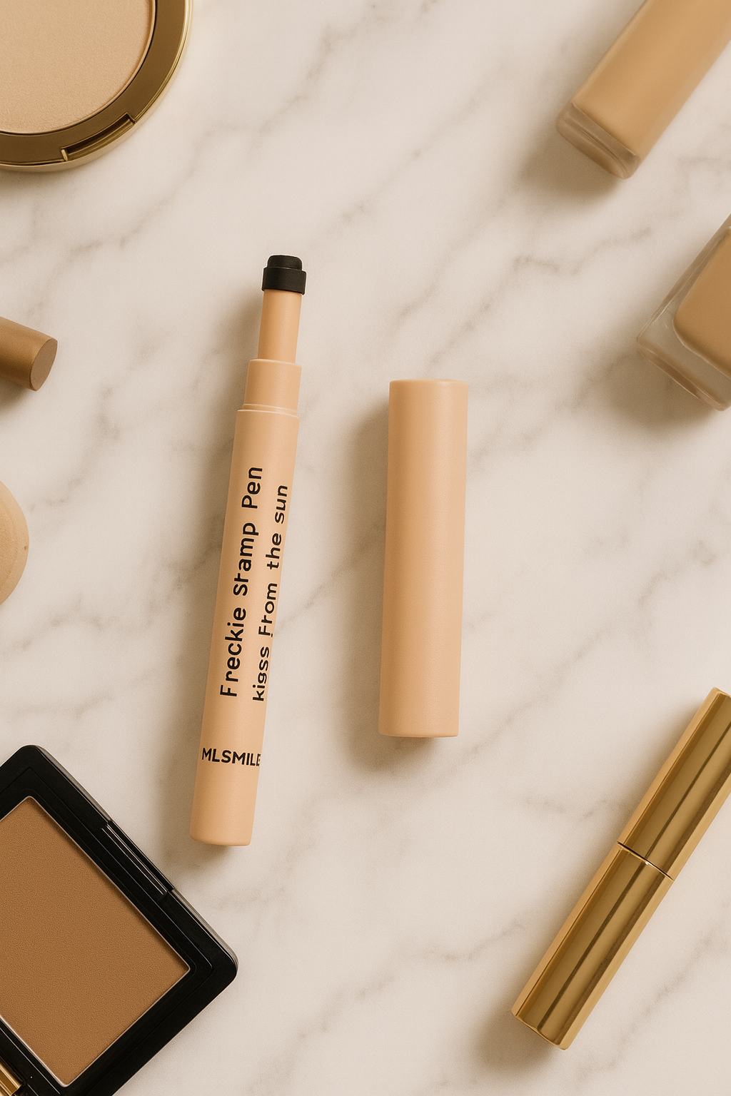 Freckle Stamp Pen from the sun with a close-up of a person's face, suitable for people with darker skin.