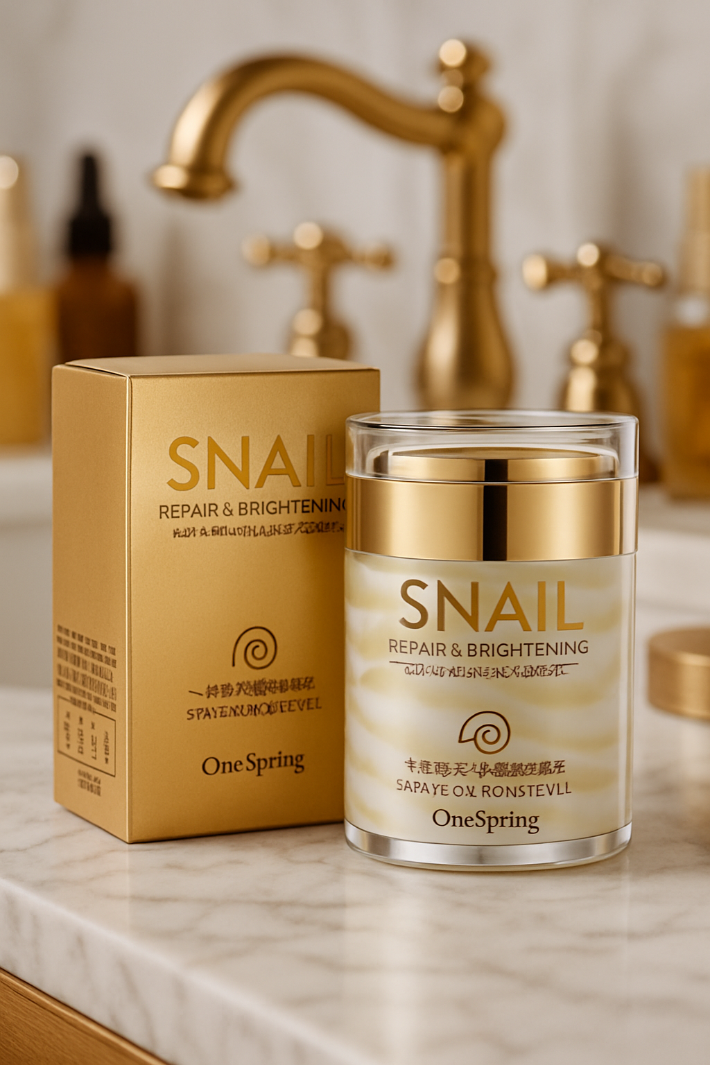 Skincare products including a cream jar, box, and serum on a bathroom counter.