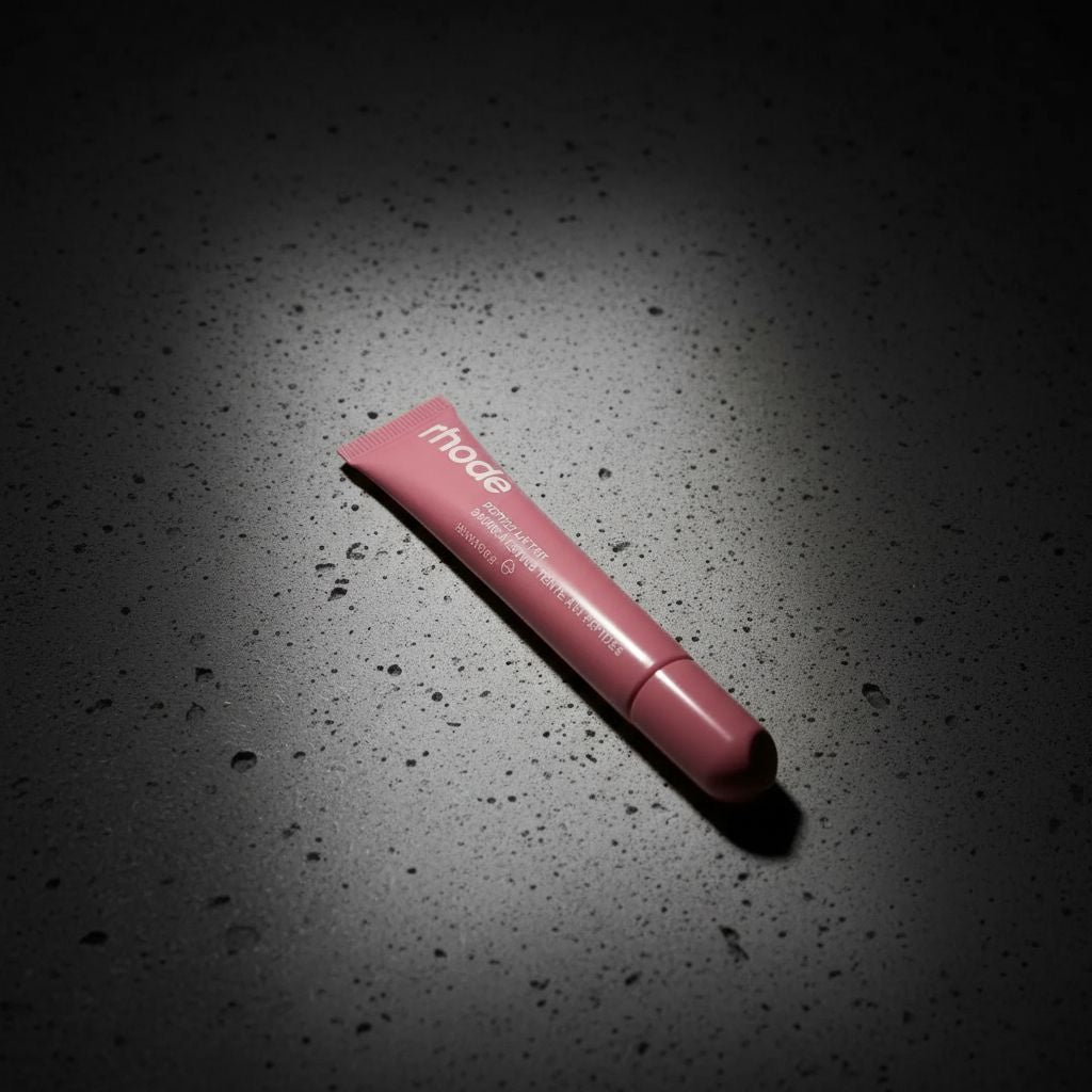 Pink makeup product with 'make' branding on a dark textured surface