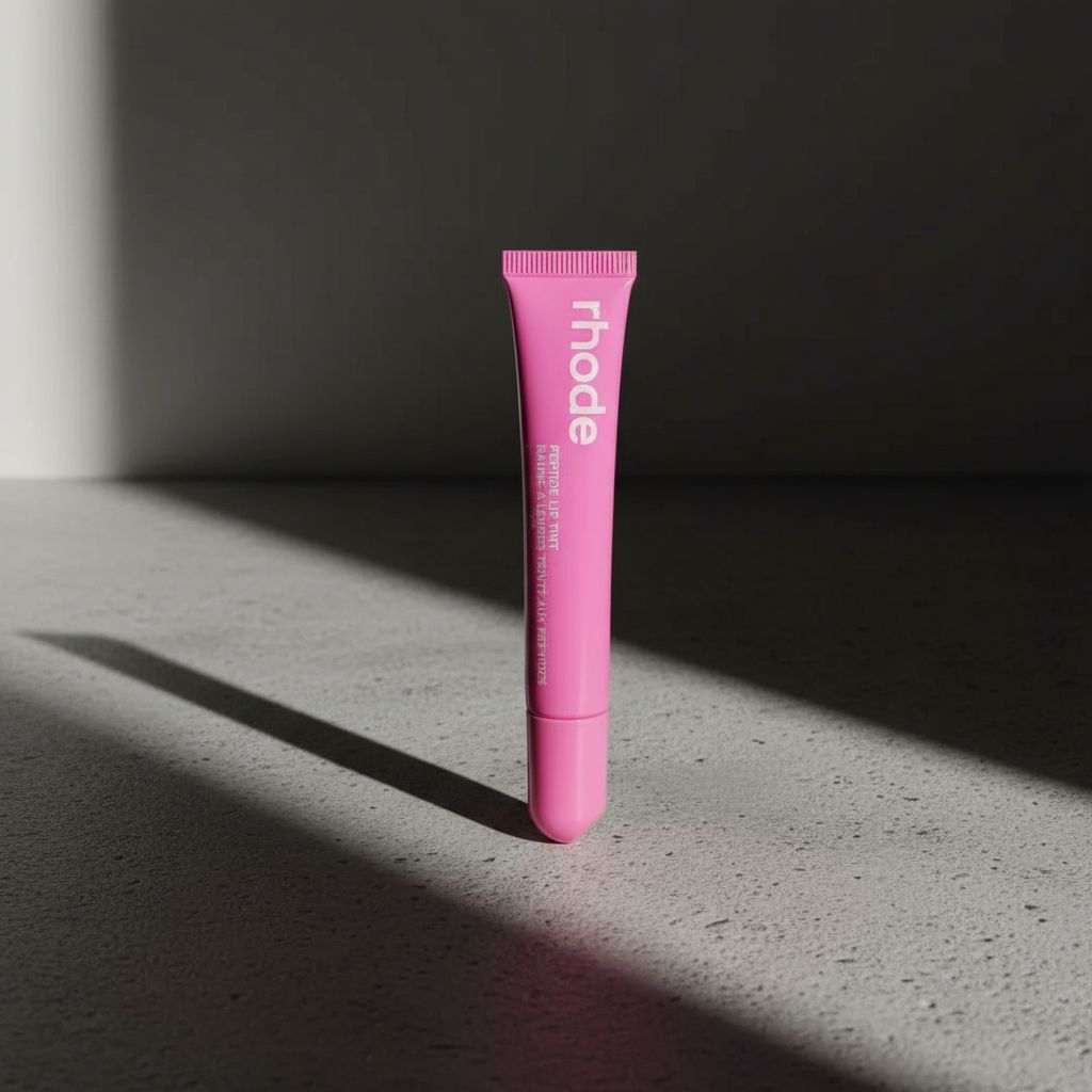 Pink tube of 'rhode' product on a gray surface with a dark background