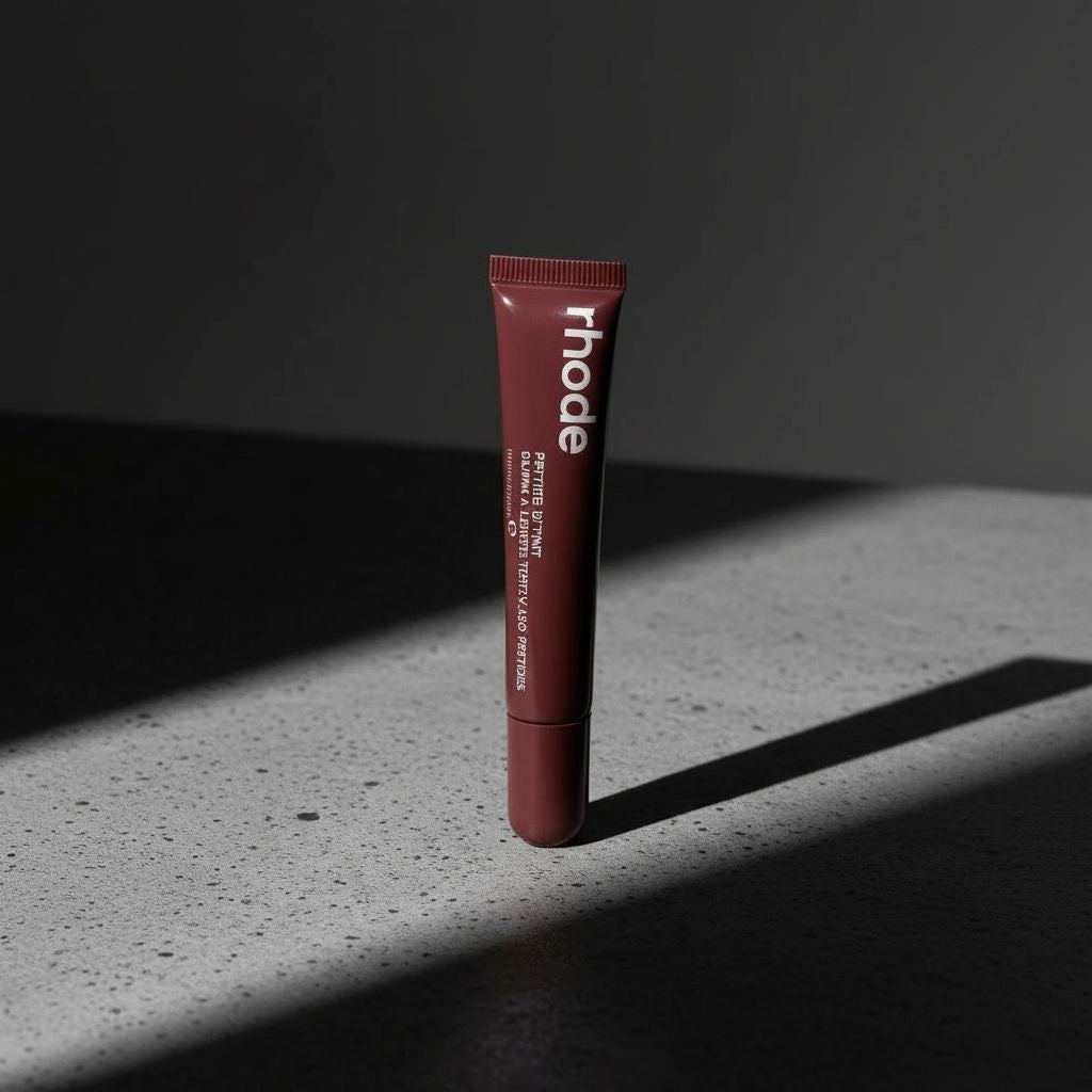 Red lip balm tube labeled 'rhode' on a dark surface