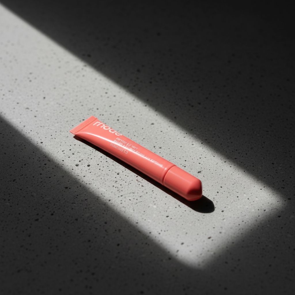 Pink lip balm on a textured gray surface with a shadow