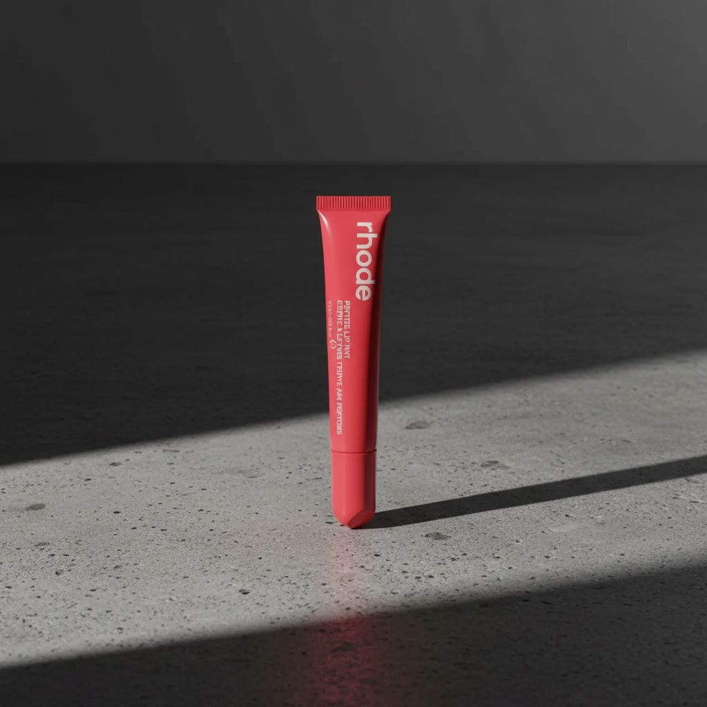 Red tube of 'rhode' on a gray surface with a dark background