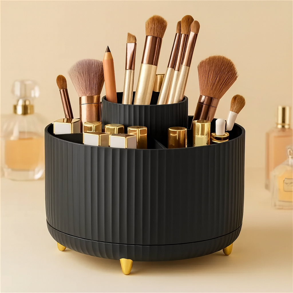 Black makeup organizer with brushes and other items on a beige background