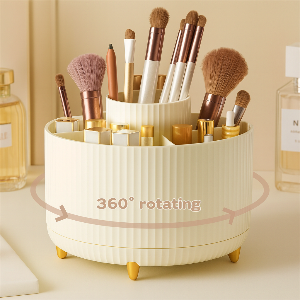 Makeup brush holder with rotating feature on a neutral background