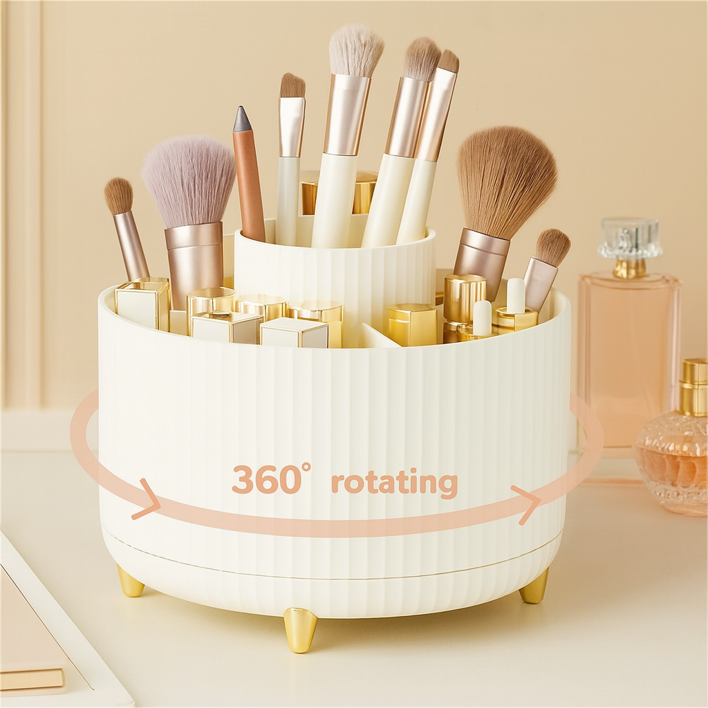 Makeup brush holder with rotating feature on a beige background