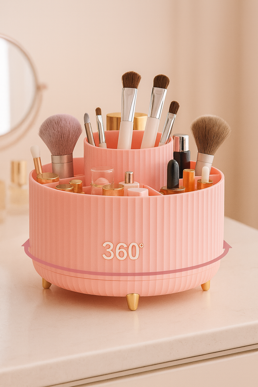 Pink makeup organizer with various brushes and products on a light surface.