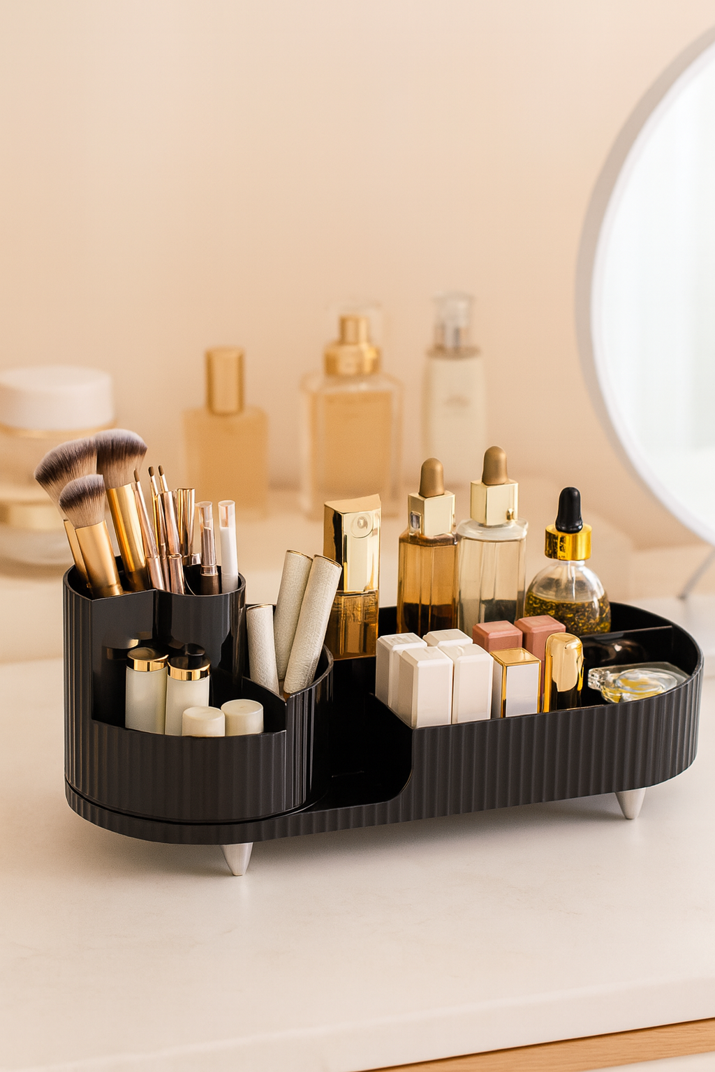 Black cosmetic organizer with various beauty products on a light surface.