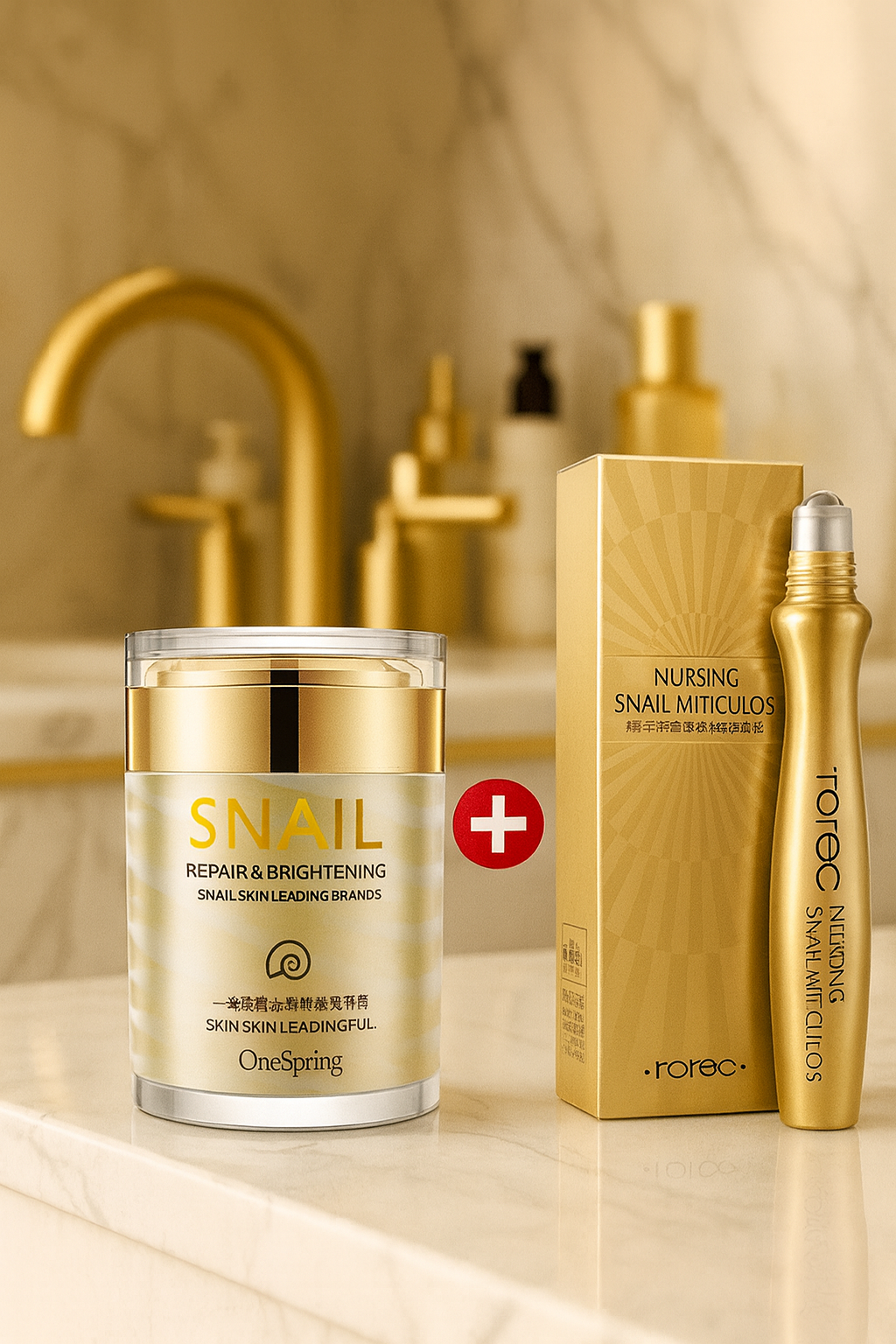 Skincare products including a cream jar, box, and serum on a bathroom counter.