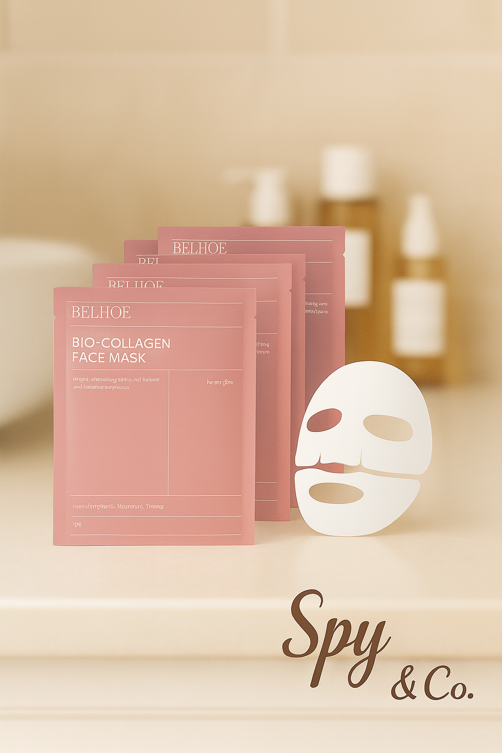5 pieces of bio callagen face mask in pathroom