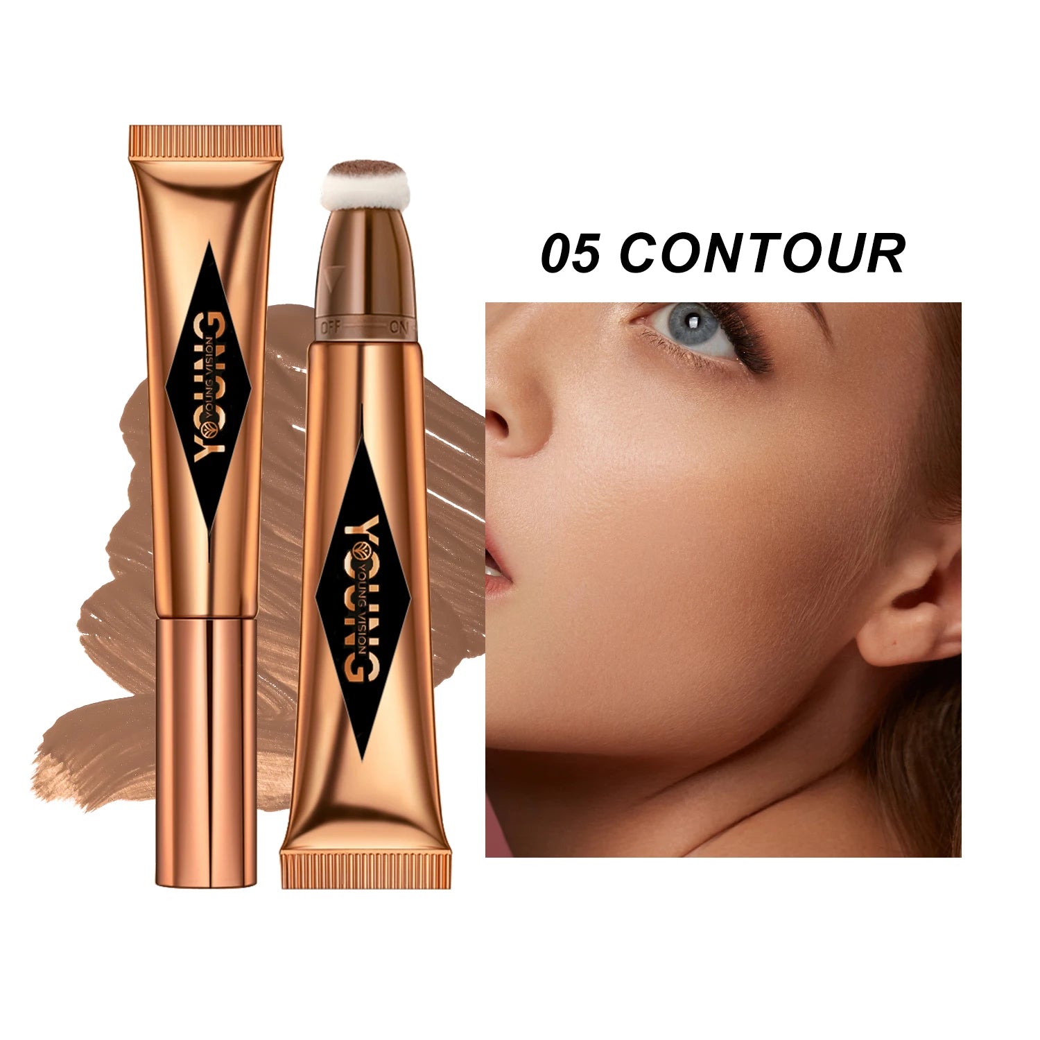 Two bronze contouring products with a close-up of a person applying the product to their face.