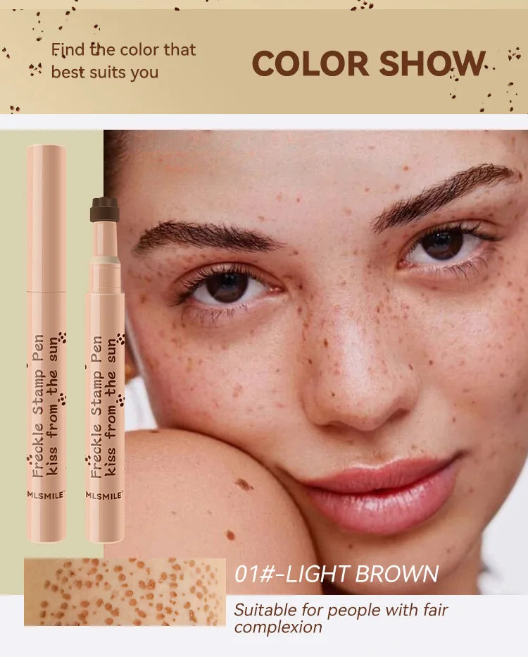 Product advertisement for a cosmetic pen with color swatch and text on a beige background