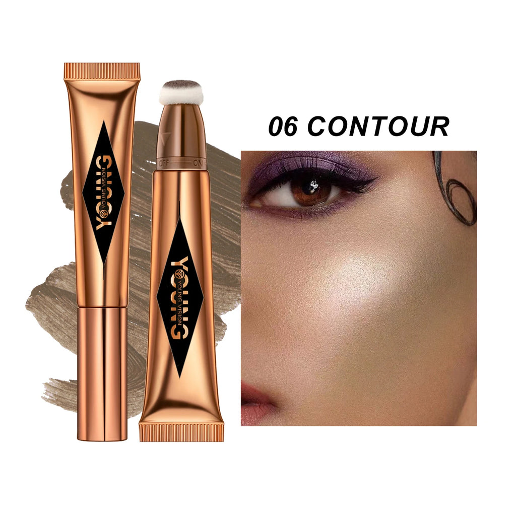 Two bronze contour products with a close-up of a woman's eye using the product.