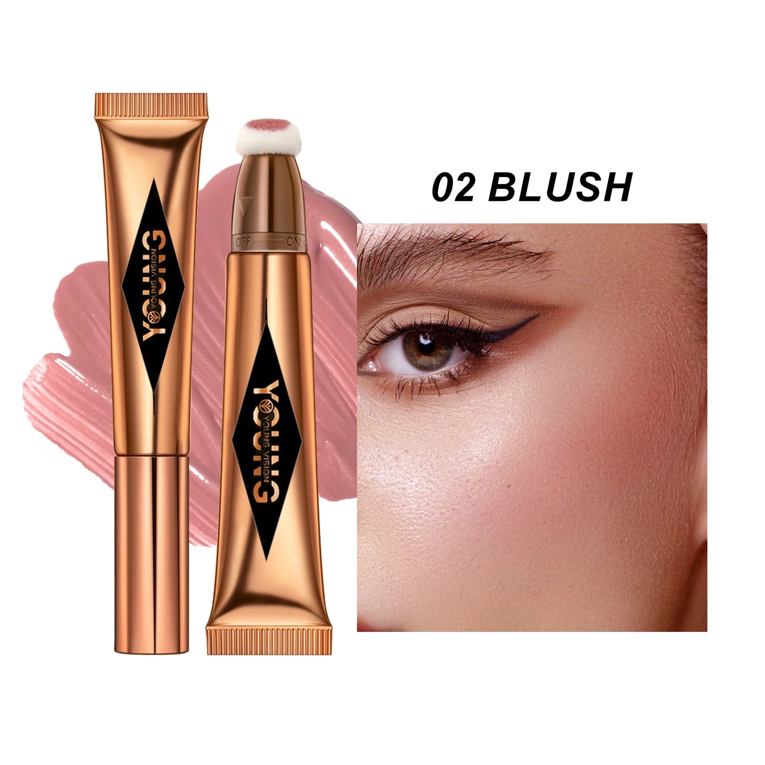 Cosmetic tube labeled 'Youni' with blush color swatch and application on skin.