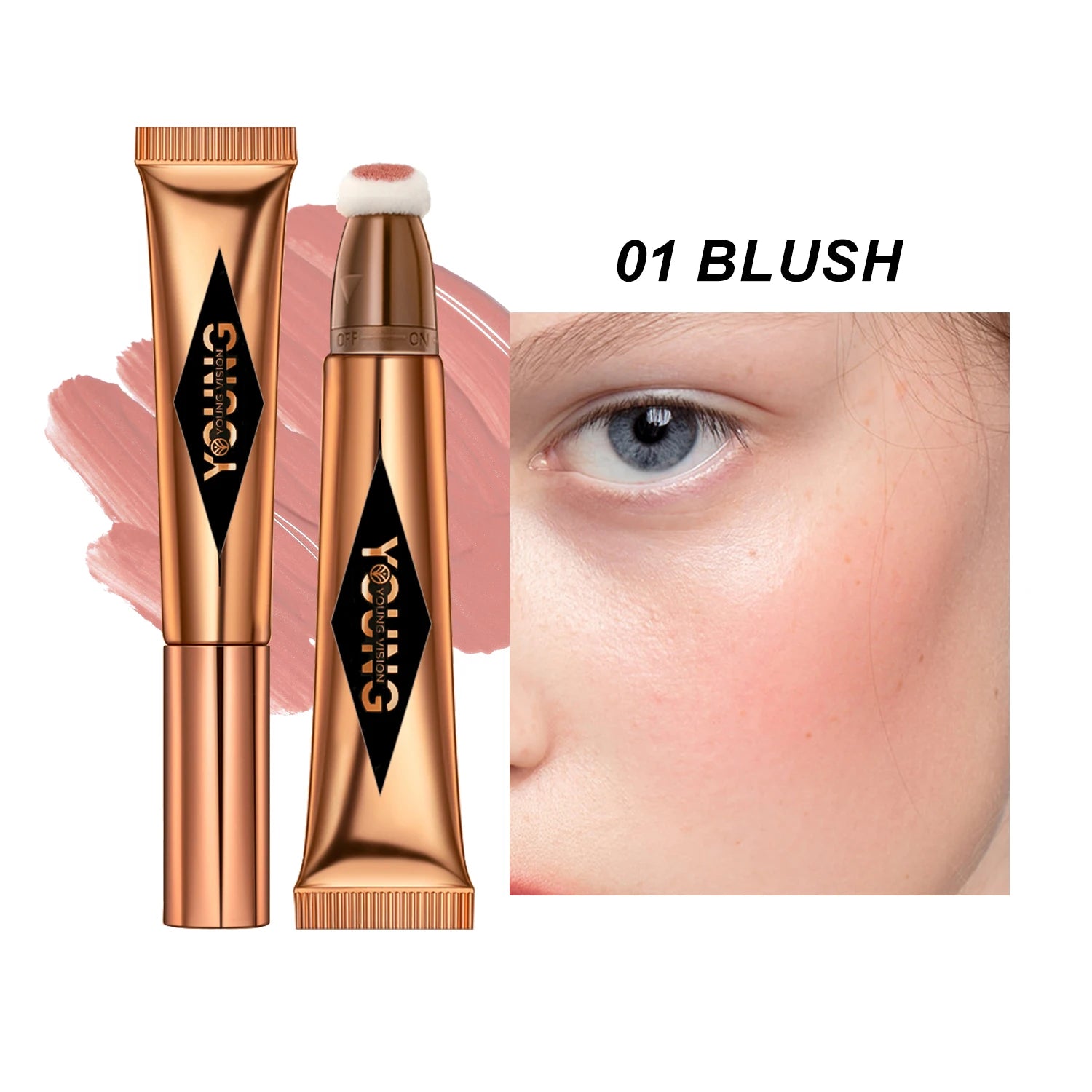 Bronze-colored makeup product with 'YOUNG' branding, shown with blush color swatch and application on skin.