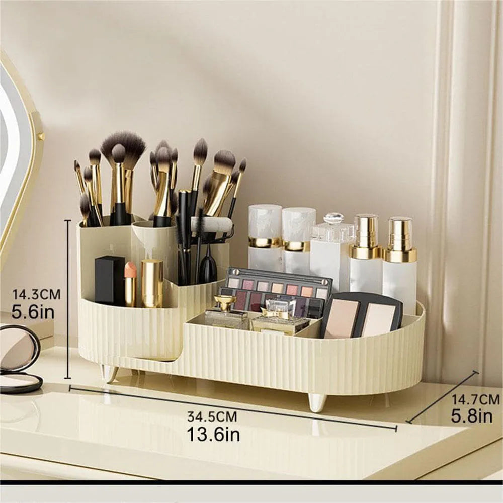 Makeup organizer with brushes, products, and measurements on a neutral background