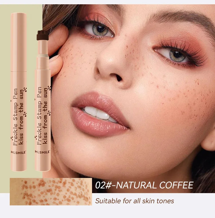 Cosmetic product with applicator and close-up of a woman's face with freckles, labeled 'Natural Coffee'.