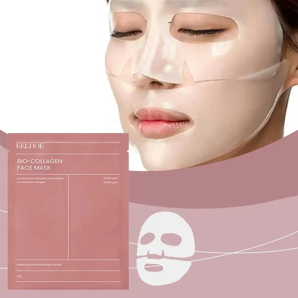 Bio-collagen face mask with packaging on a light pink background