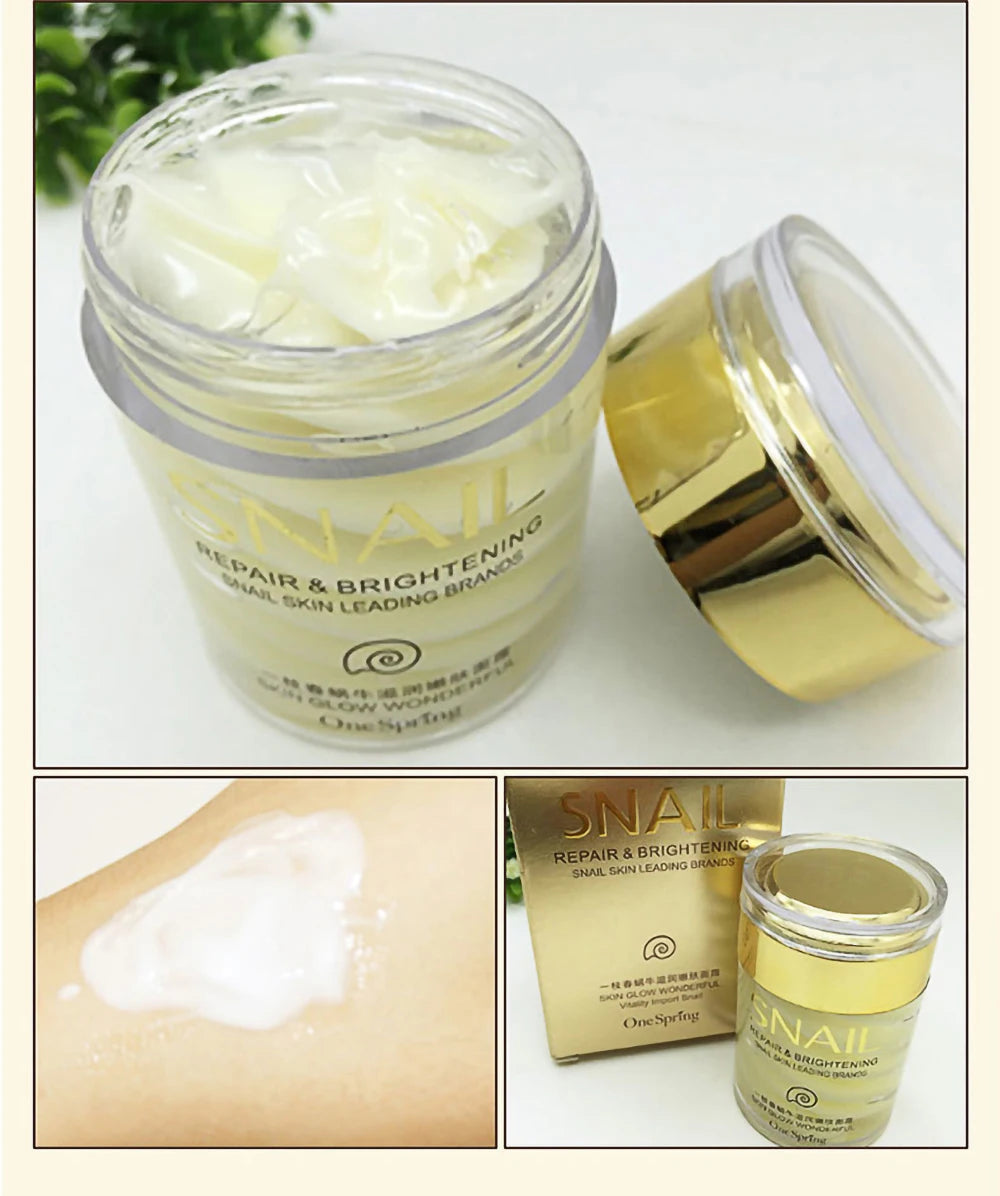 Snail repair and brightening cream with gold lid on a white background