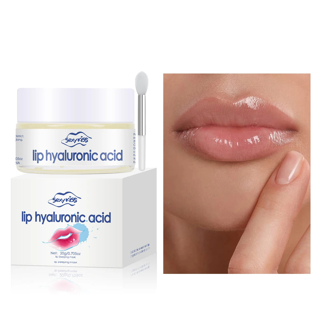 Jar and box of lip hyaluronic acid cream with a close-up of lips applying the cream.