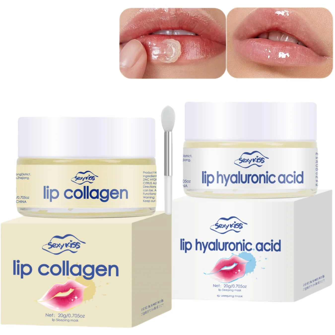 Lip collagen and hyaluronic acid products with packaging and close-up of lips.