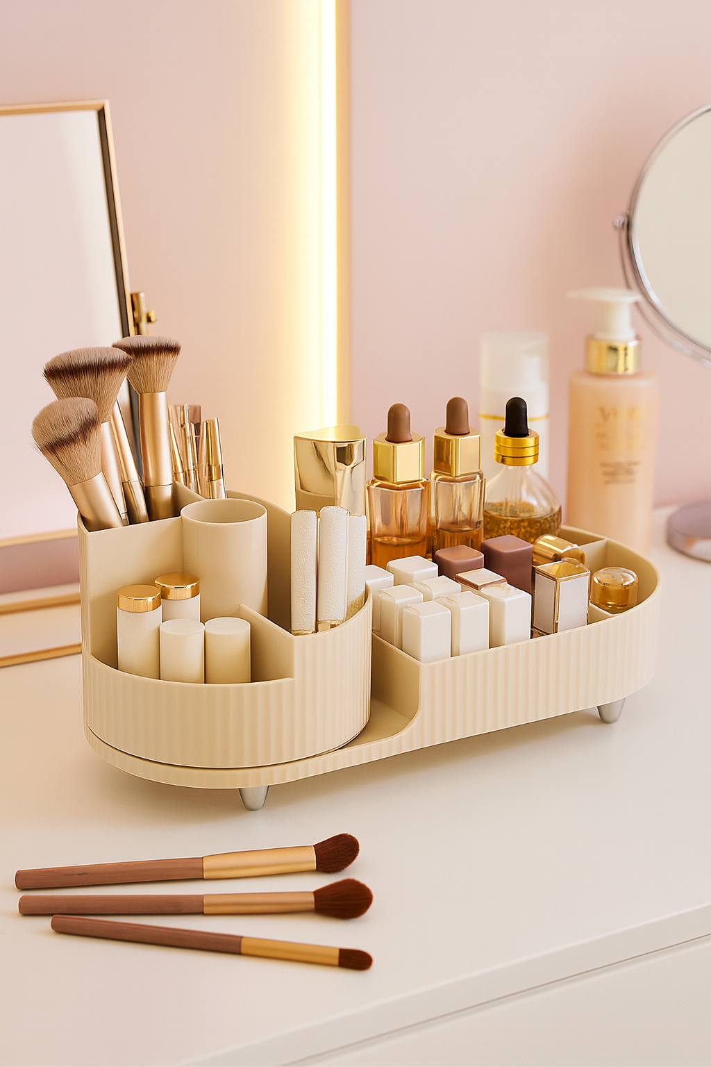Makeup organizer with various cosmetic items on a light pink background